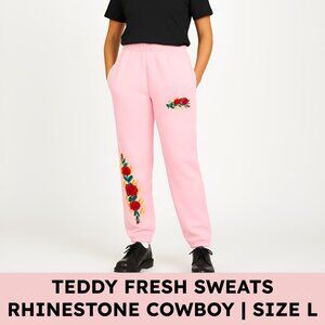 🔥🌹 Teddy Fresh “Rhinestone Cowboy” Sweatpants — Pink (L) — Embroidered Roses +